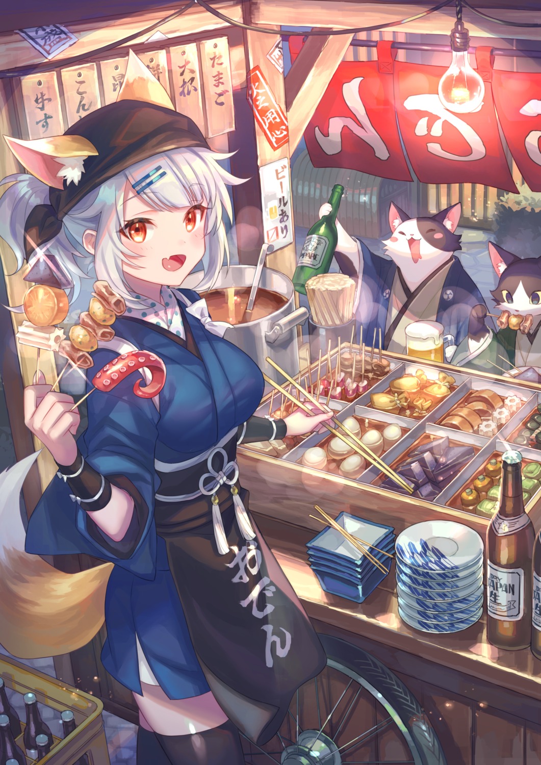 animal_ears, japanese_clothes, tail, thighhighs, zoff_(daria)