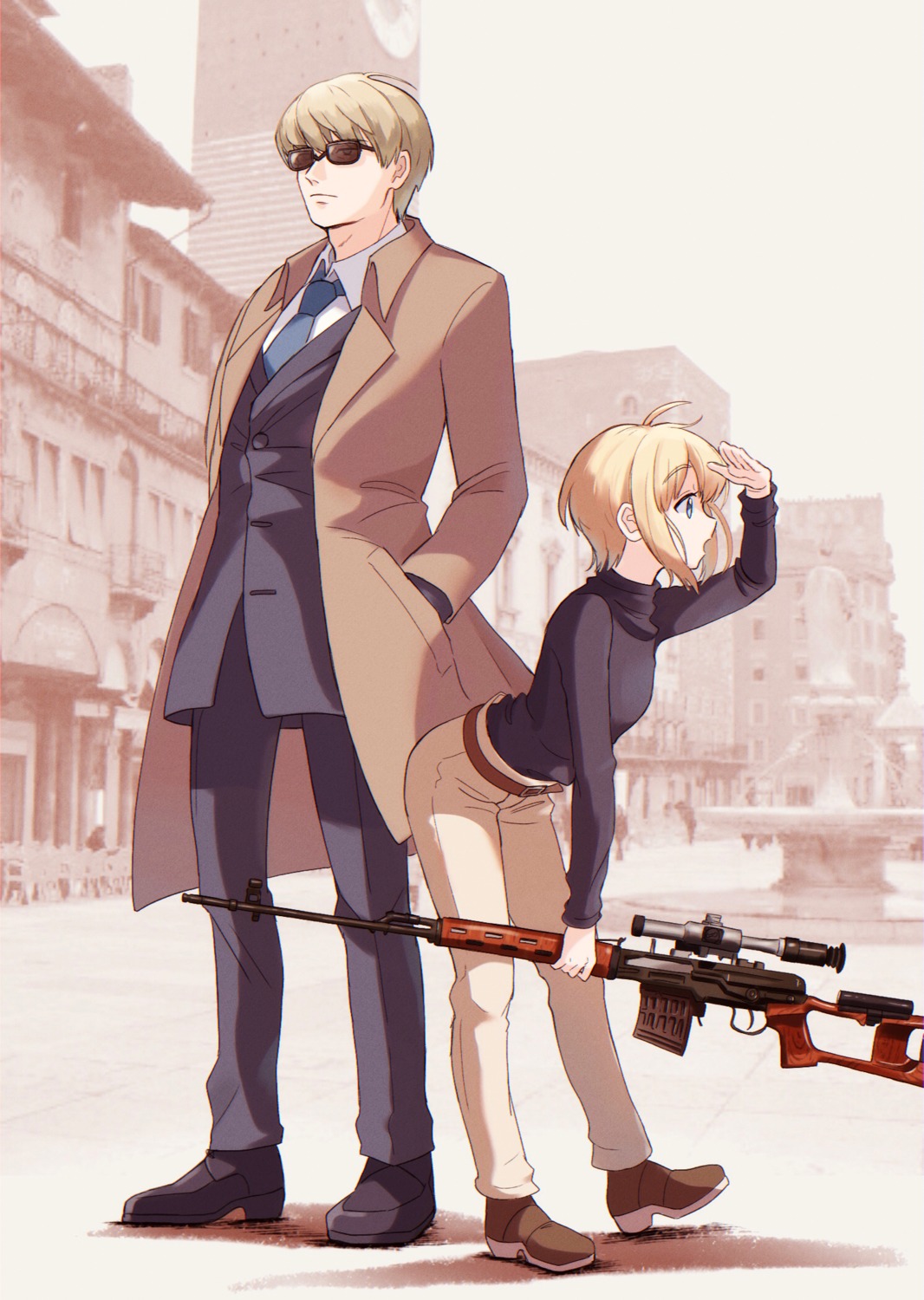 business_suit, gun, gunslinger_girl, heels, jean_croce, megane, nasubi_(toguro_nasu), rico_(gunslinger_girl), sweater