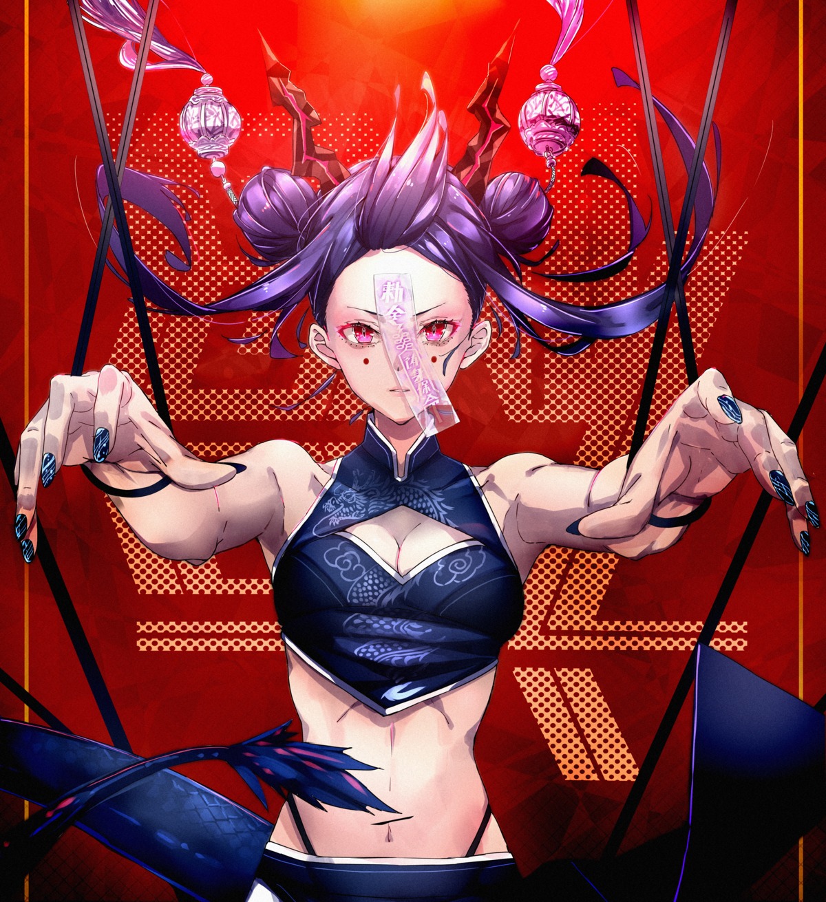 arknights, asian_clothes, ch'en_(arknights), cleavage, cno, horns, pantsu, tail