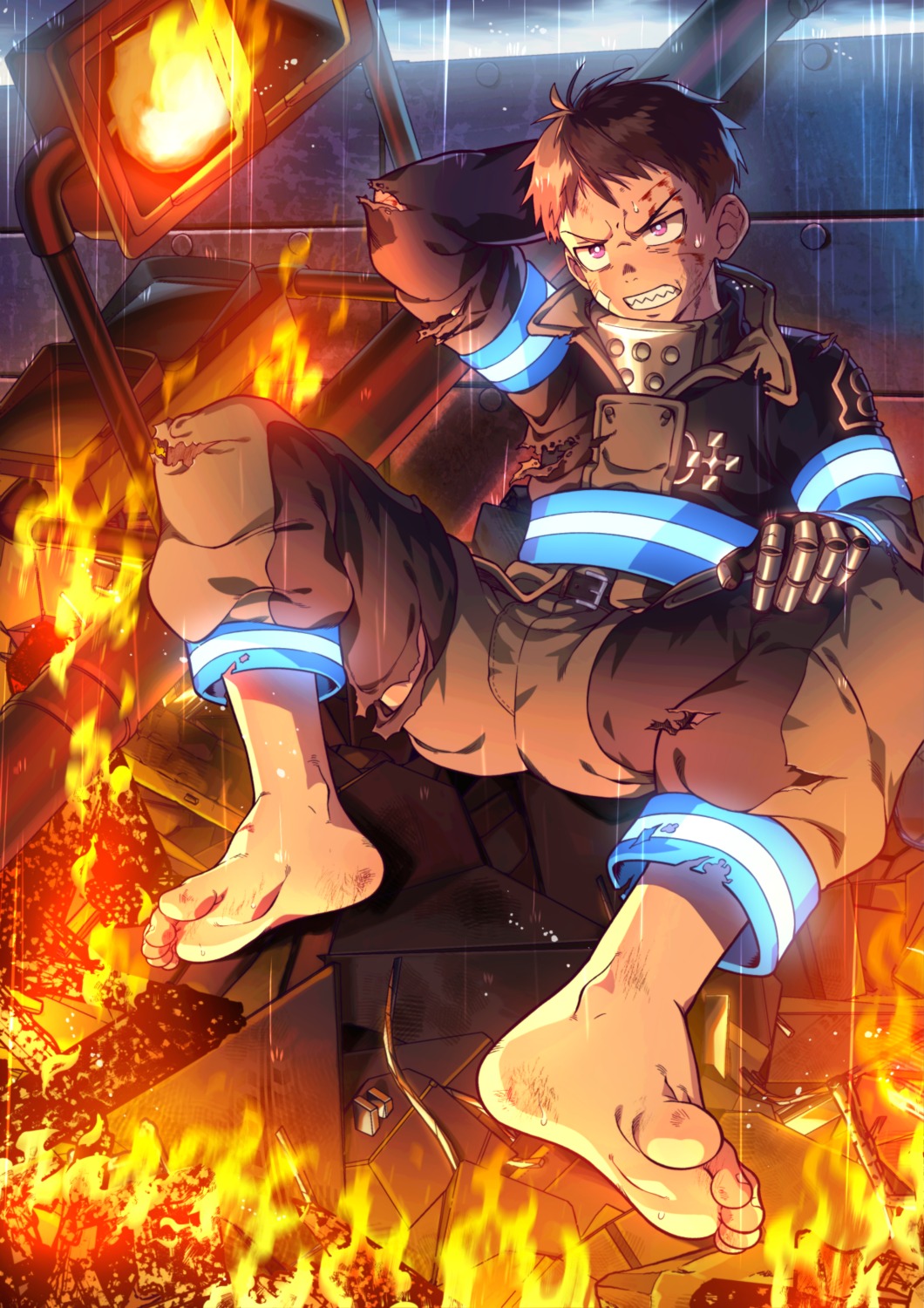 enen_no_shouboutai, feet, male, shinra_kusakabe, torn_clothes, uniform, zxanzai
