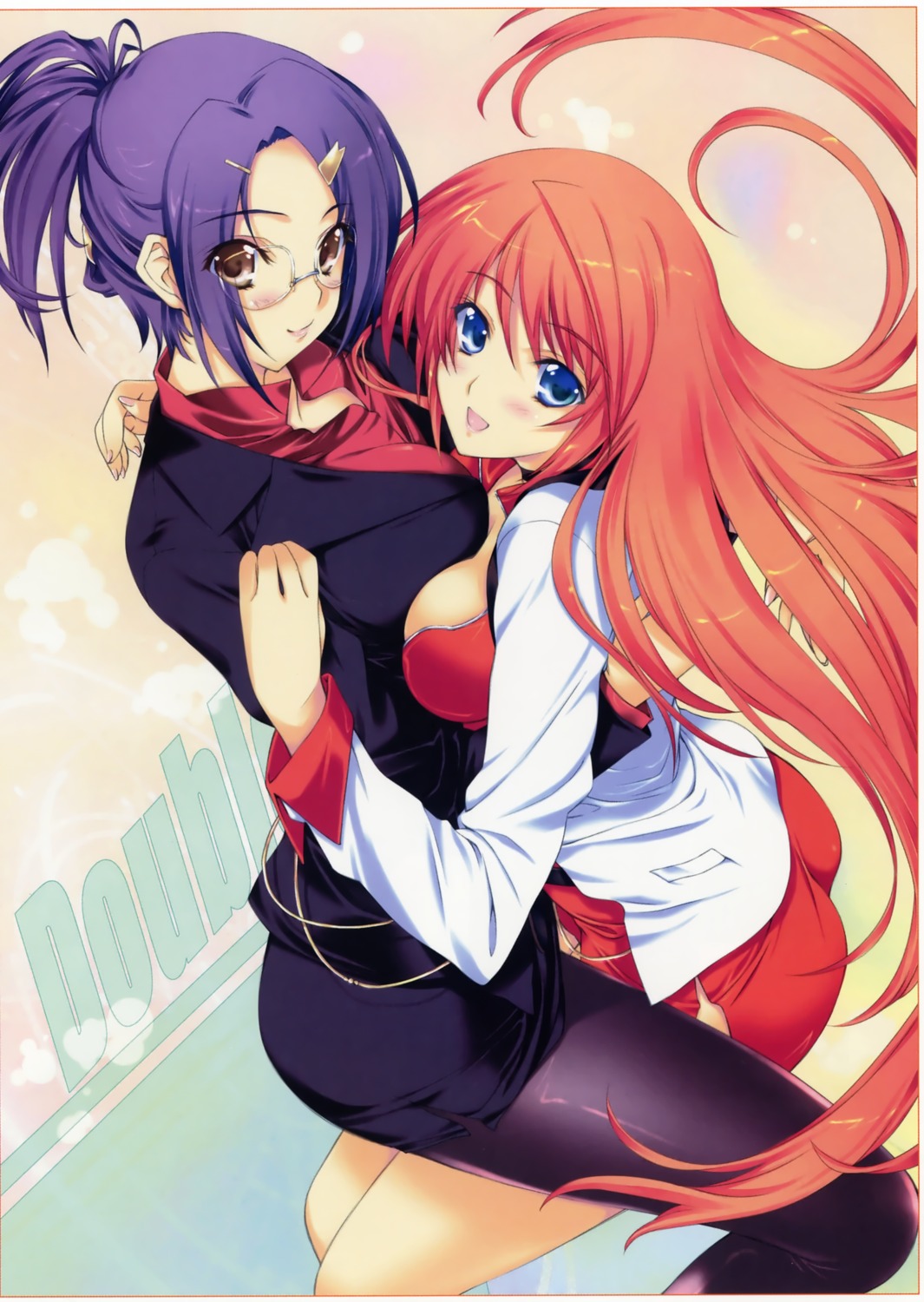 business_suit, cleavage, double_sensei_life, iizuki_tasuku, kurosaki_shigure, megane, pantyhose, symmetrical_docking, tomiya_natsuki, yuri