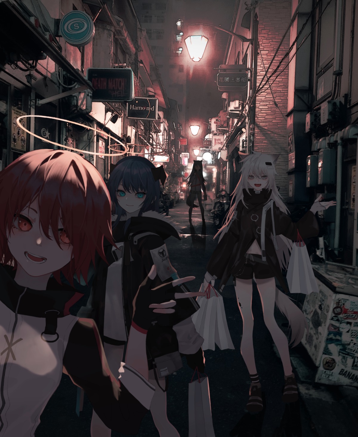 animal_ears, arknights, cookie_(ppyf5328), exusiai_(arknights), horns, lappland_(arknights), mostima_(arknights), pantyhose