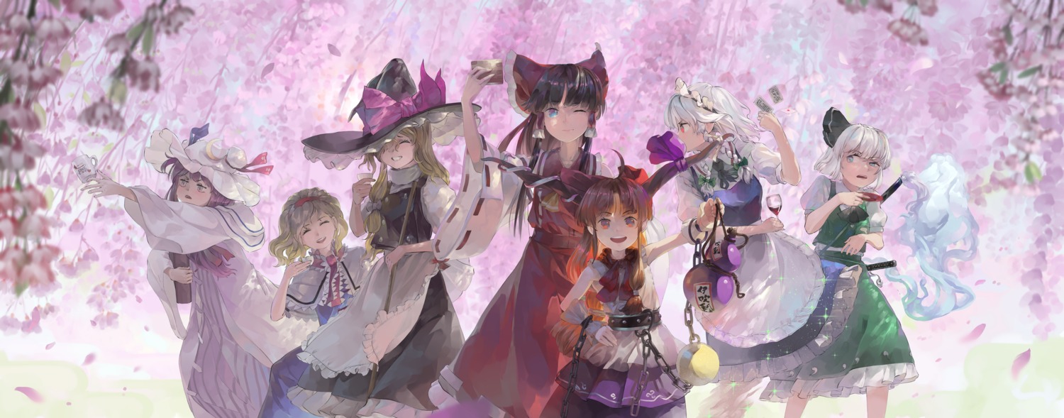 hakurei_reimu, horns, izayoi_sakuya, kirisame_marisa, konpaku_youmu, maid, patchouli_knowledge, riki6, skirt_lift, touhou, witch