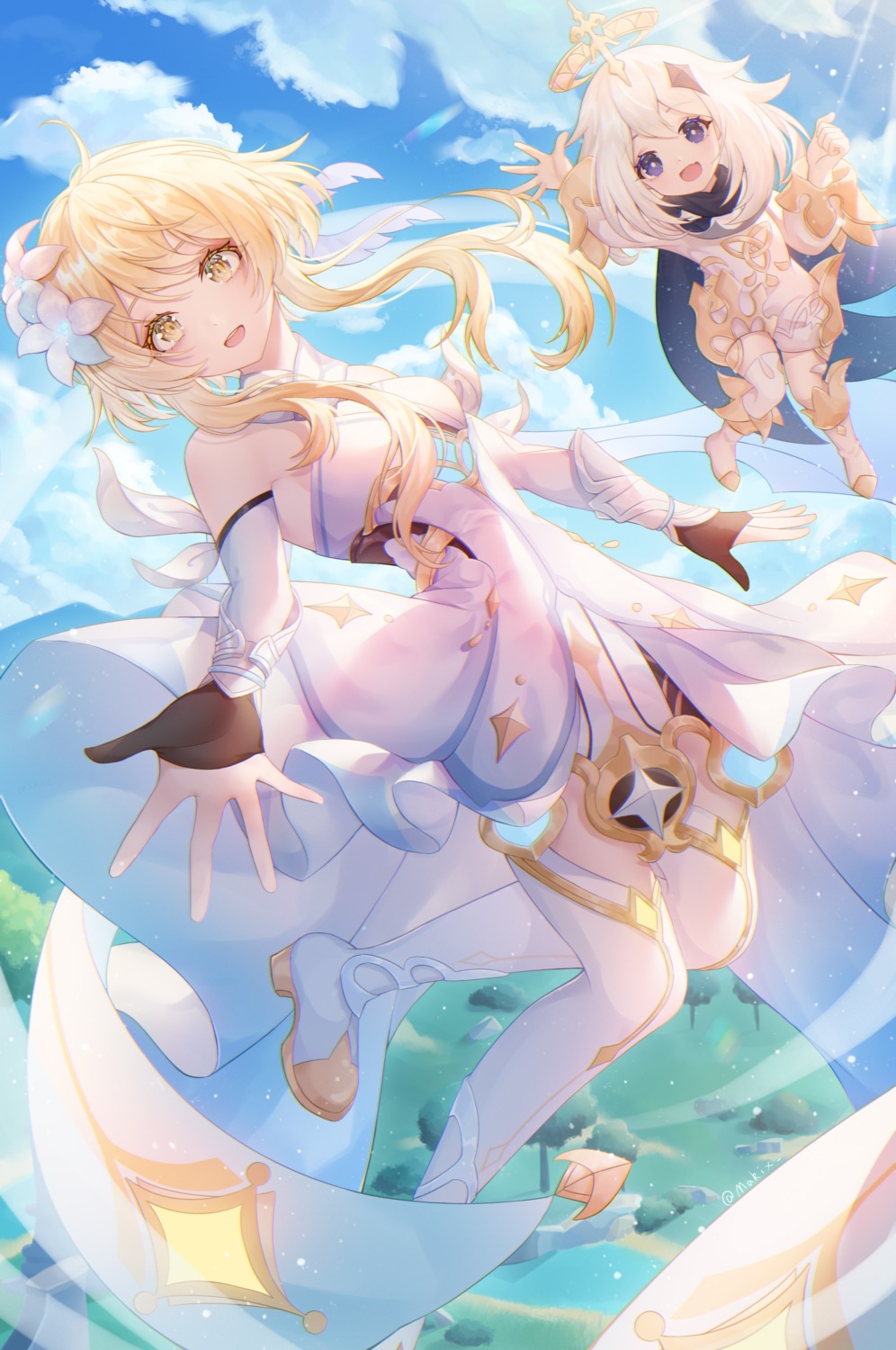 dress, genshin_impact, lumine, makix, paimon, skirt_lift, thighhighs