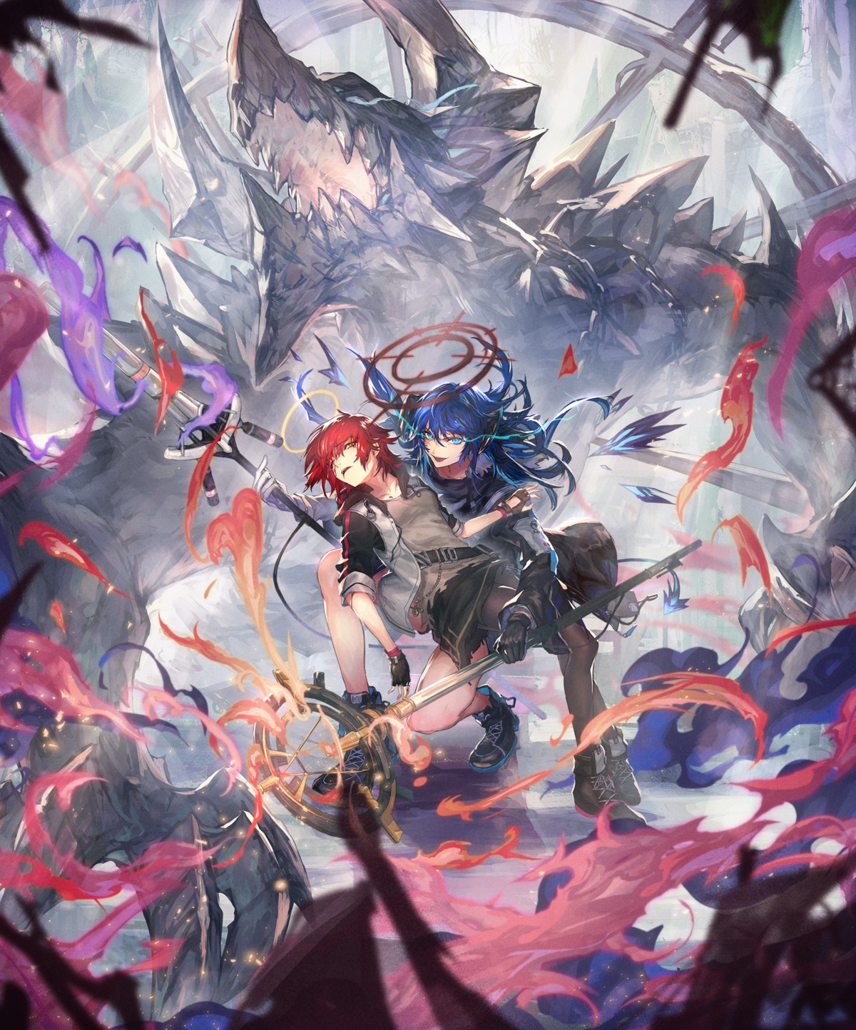 angel, arknights, exusiai_(arknights), horns, monster, mostima_(arknights), nijimaarc, pantyhose