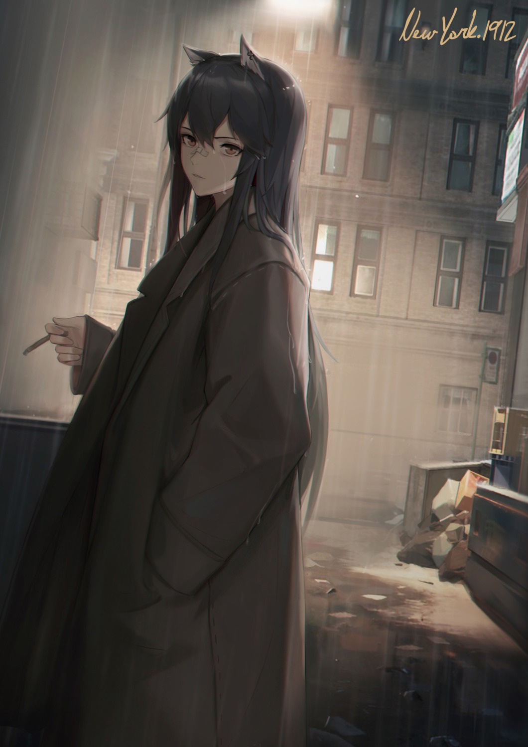 animal_ears, arknights, bandaid, cjmy, smoking, texas_(arknights)