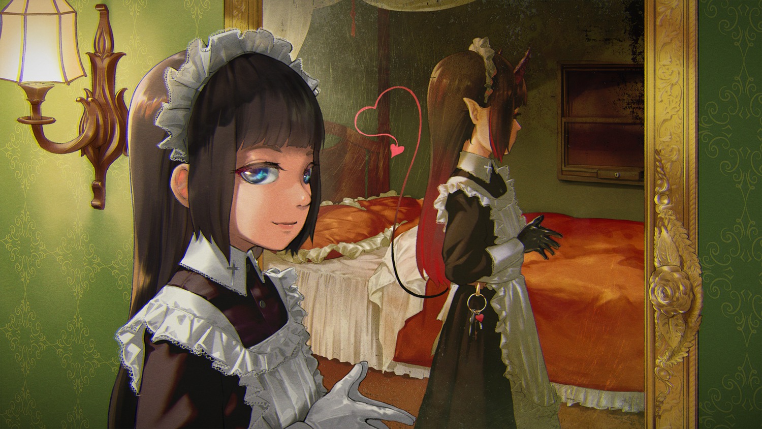hiko_(hiko224556), horns, maid, pointy_ears, tail, wallpaper