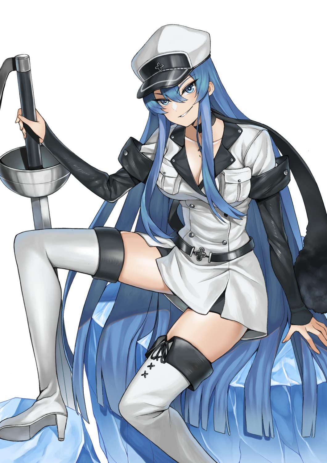 akame_ga_kill!, cleavage, esdeath, heels, nanni_jjang, skirt_lift, sword, thighhighs