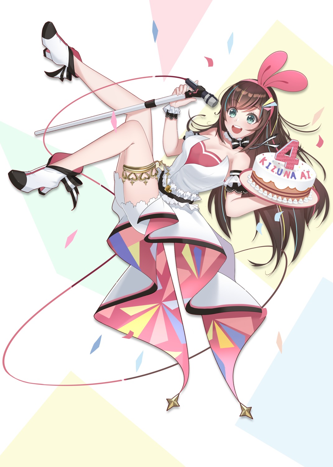 cleavage, garter, heels, kizuna_ai, kizuna_ai_inc., no_bra, rfg_rozen