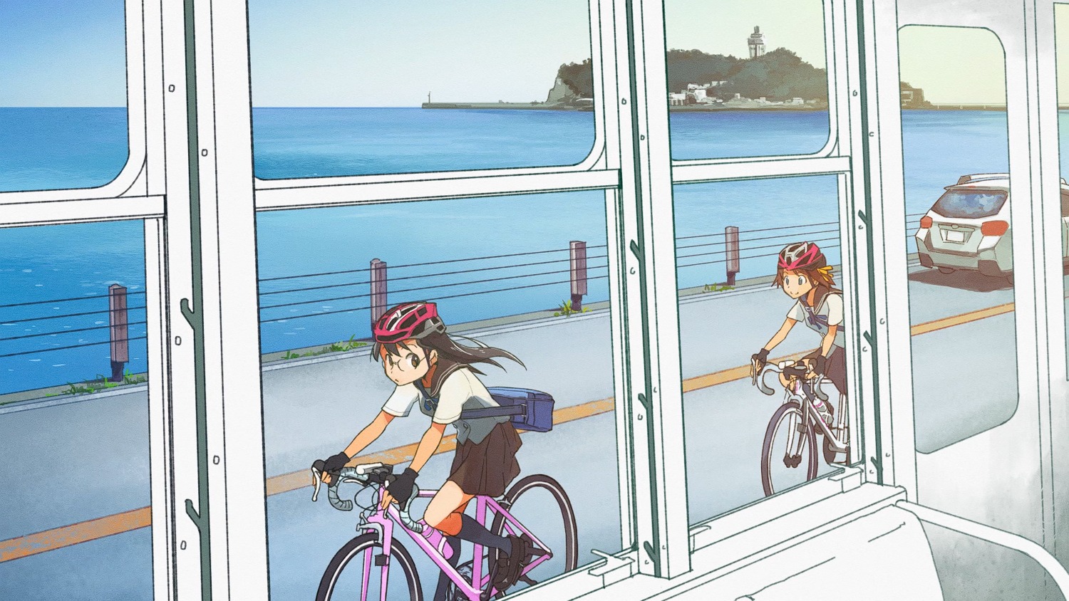 akitsuki_tomoe, endcard, kusakabe_(kusakabeworks), maiharu_hiromi, megane, minami_kamakura_koukou_joshi_jitenshabu, seifuku