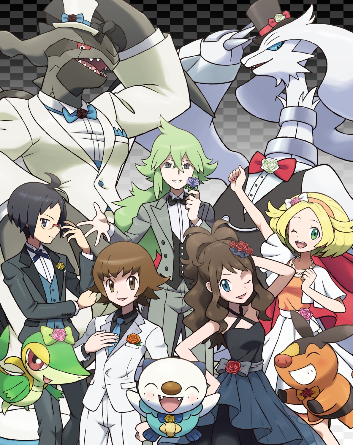 bel_(pokemon), business_suit, cheren_(pokemon), dress, ice_ground, n_(pokemon), oshawott, pokemon