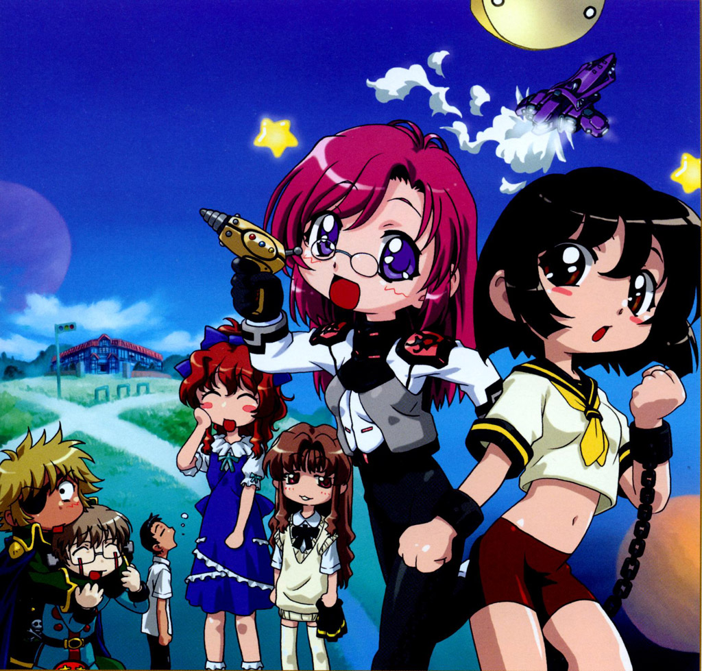 bike_shorts, bondage, chibi, dress, gun, herikawa_koishi, kazami_mizuho, kusanagi_kei