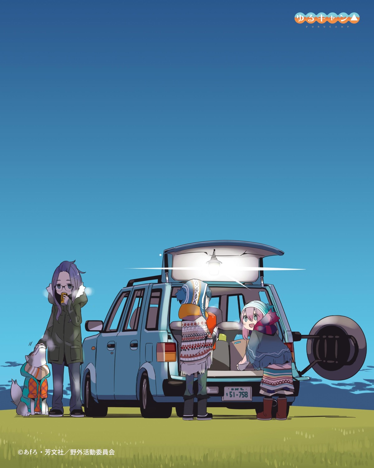afro, kagamihara_nadeshiko, kagamihara_sakura, megane, shima_rin, yurucamp