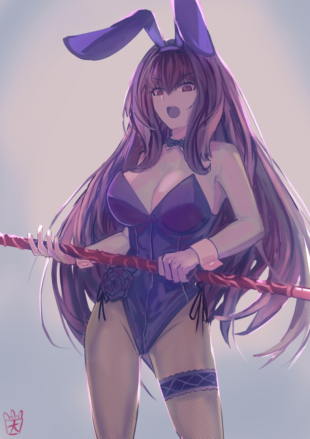 animal_ears, bunny_ears, bunny_girl, fate/grand_order, fishnets, garter, no_bra, ootato, pantyhose, scathach_(fate), weapon