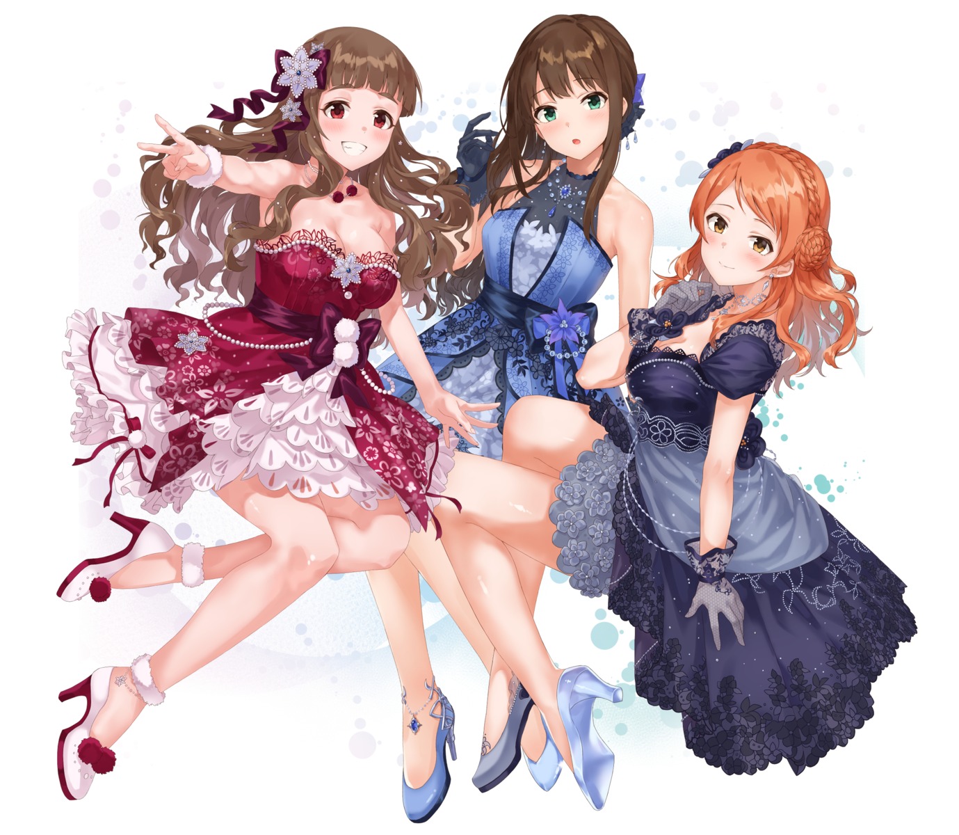 dress, heels, houjou_karin, kamiya_nao, no_bra, shibuya_rin, sirurabbit, skirt_lift, the_idolm@ster, the_idolm@ster_cinderella_girls