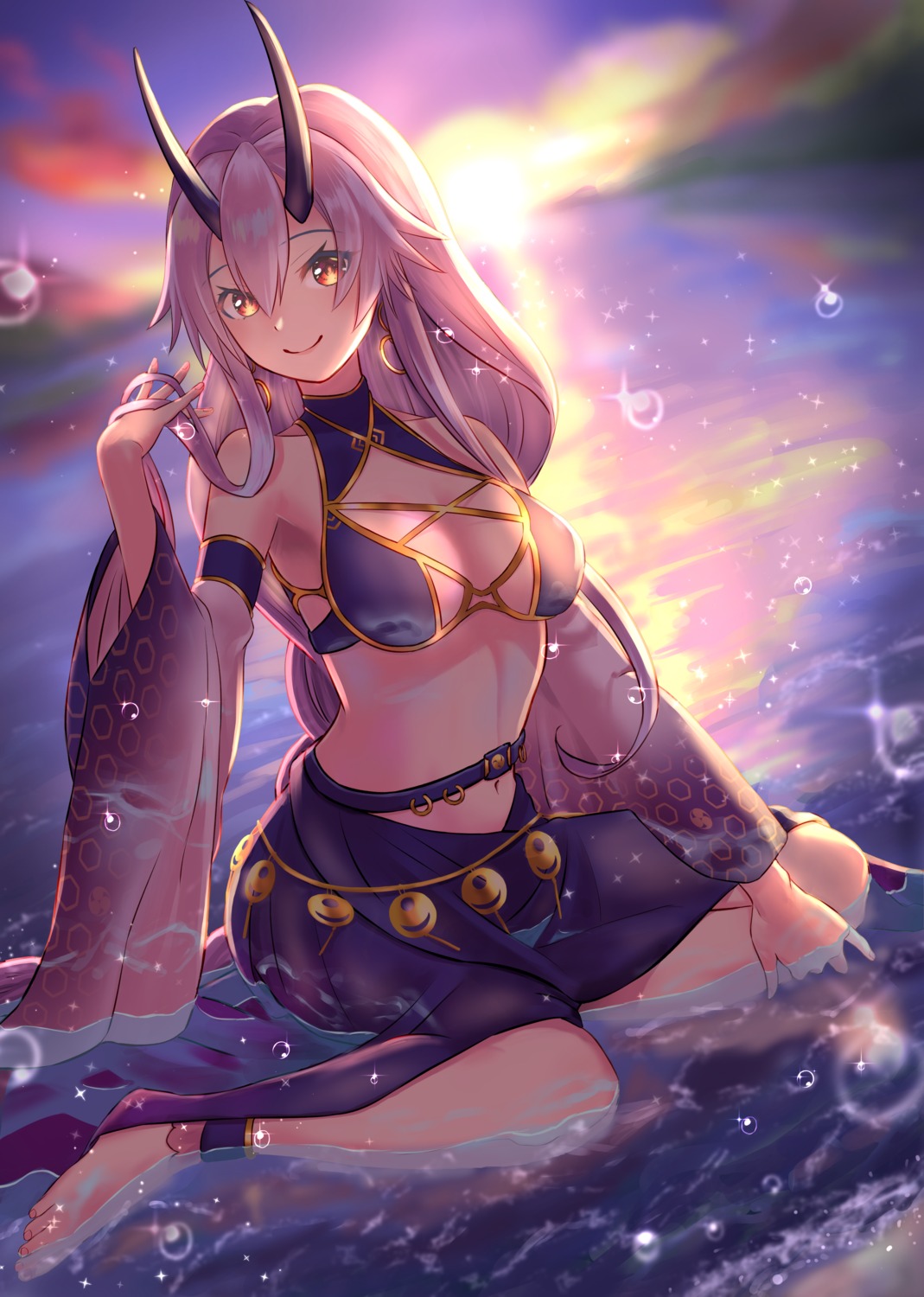 bikini_top, fate/grand_order, horns, swimsuits, tomoe_gozen_(fate), tsukiyo_kapibara, wet
