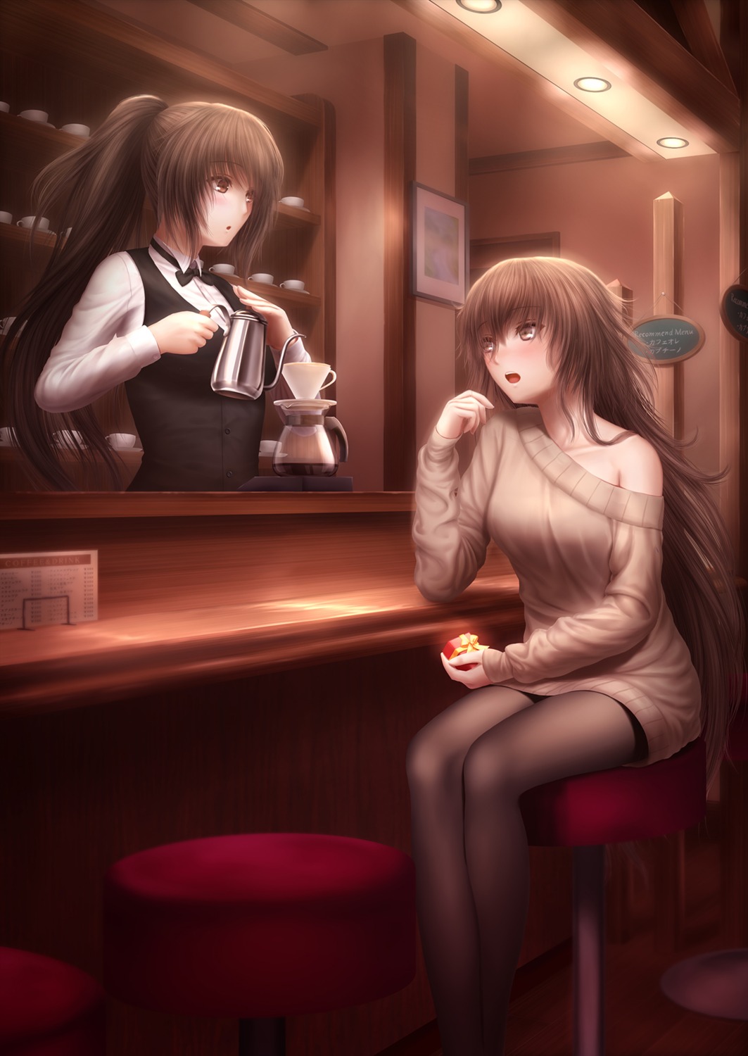 dress, masatoki, no_bra, open_shirt, pantyhose, sweater, waitress