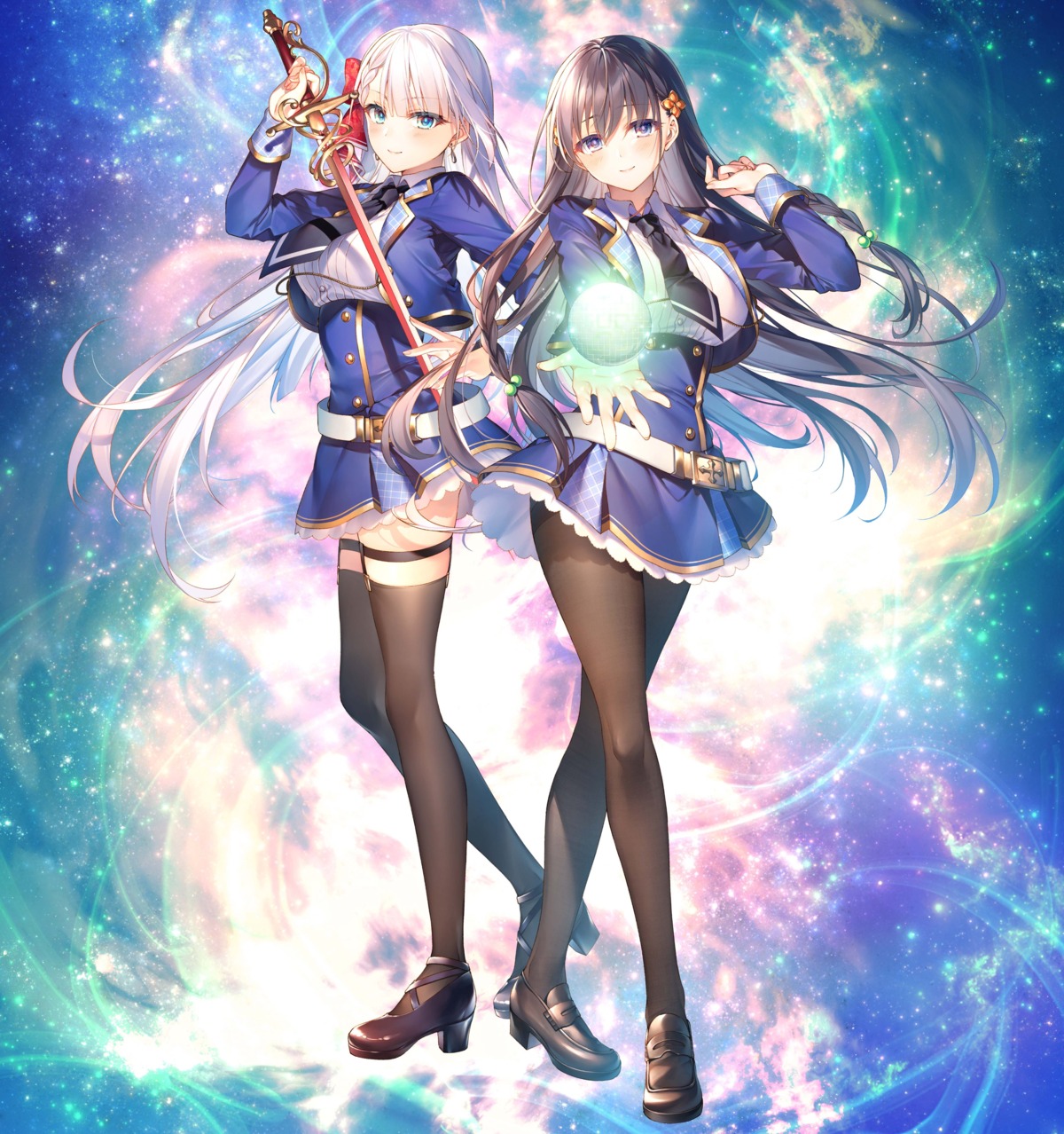 elfiné_phillet, garter, heels, pantyhose, riselia_ray_crystalia, seiken_gakuin_no_maken_tsukai, skirt_lift, stockings, sword, thighhighs, toosaka_asagi, uniform