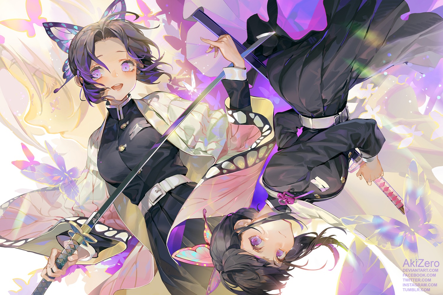 akizero1510, japanese_clothes, kimetsu_no_yaiba, kochou_shinobu, sword, tsuyuri_kanao, uniform