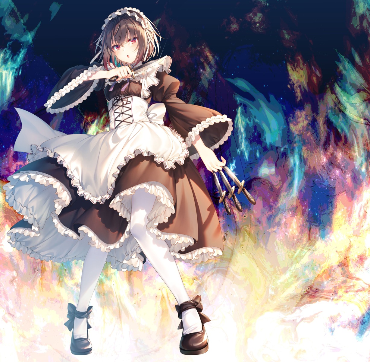 maid, pantyhose, seiken_gakuin_no_maken_tsukai, shary_shadow_assassin, skirt_lift, toosaka_asagi, weapon