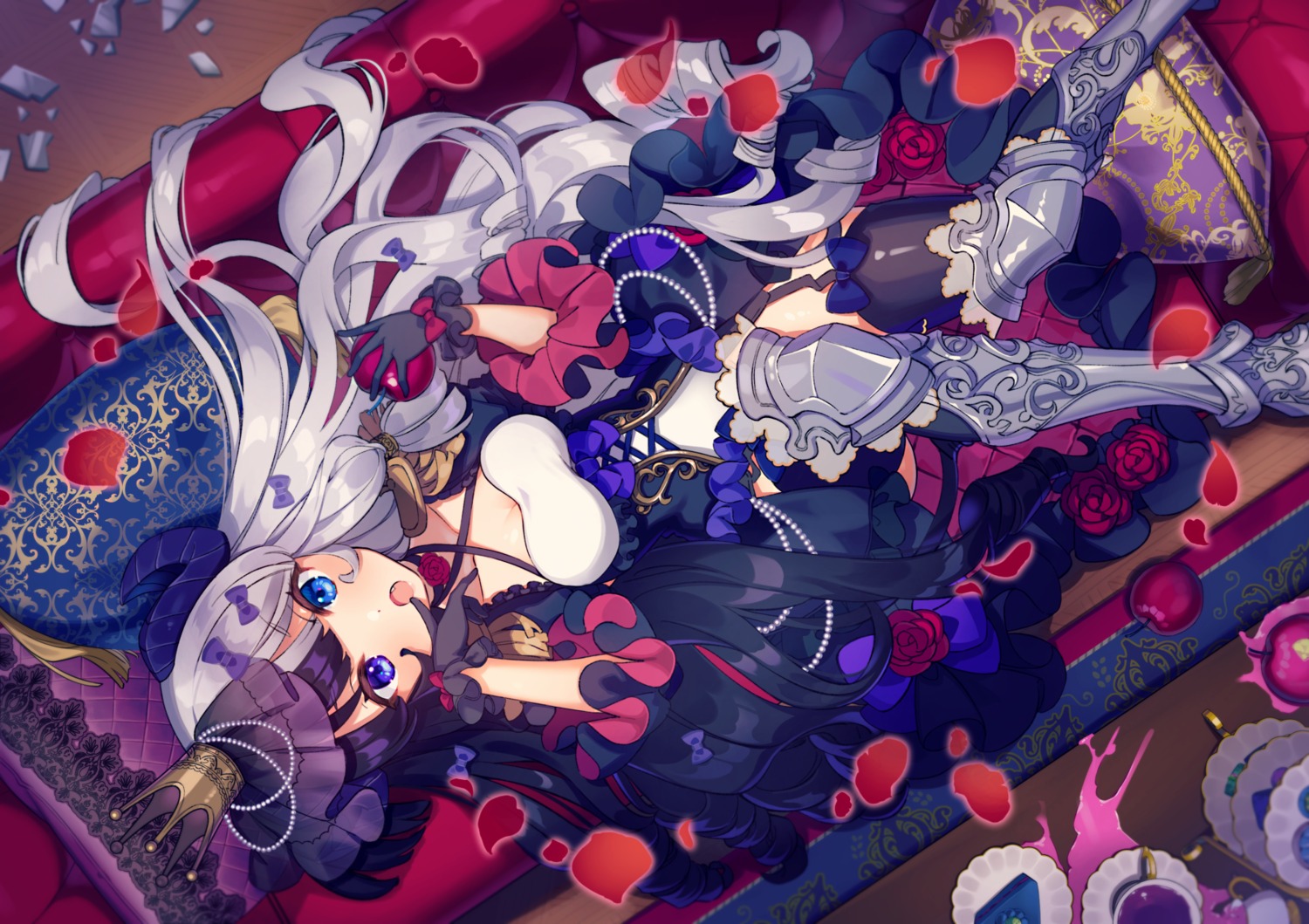armor, ayame_(3103942), cleavage, horns, stockings, thighhighs
