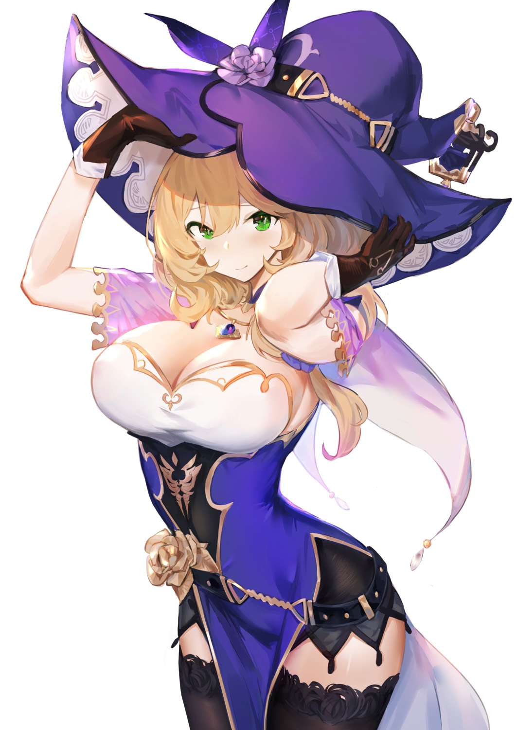 cleavage, dress, echomlete, genshin_impact, lisa_(genshin_impact), no_bra, thighhighs, witch