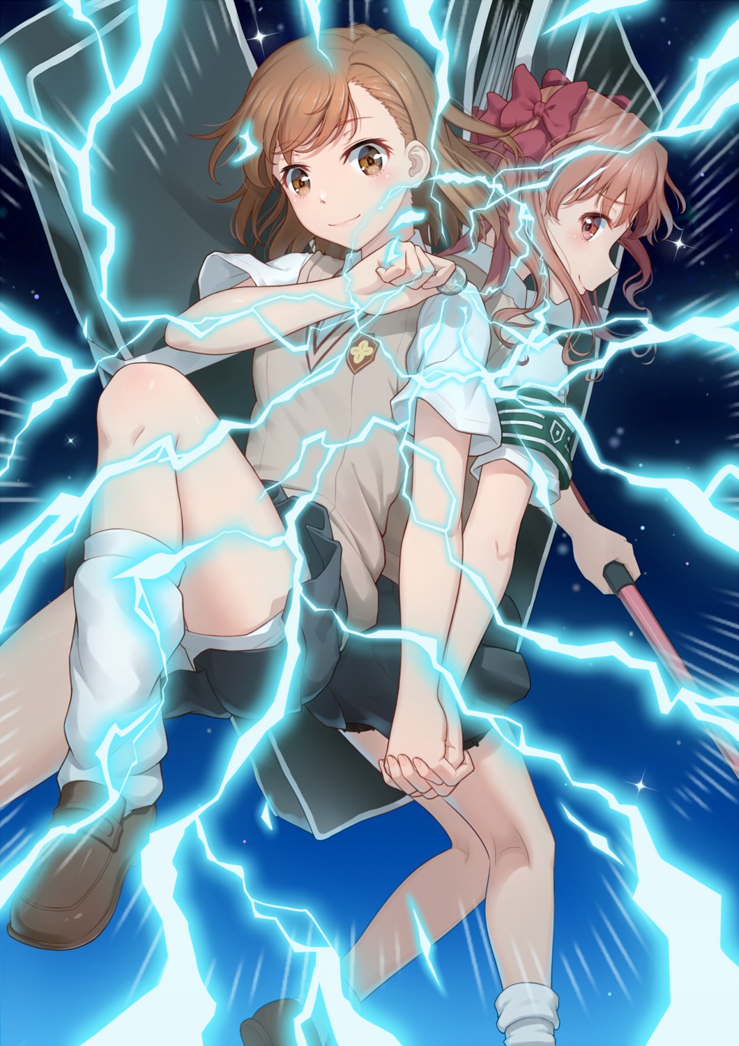 anarchojs, misaka_mikoto, seifuku, shirai_kuroko, skirt_lift, sweater, toaru_kagaku_no_railgun, toaru_majutsu_no_index