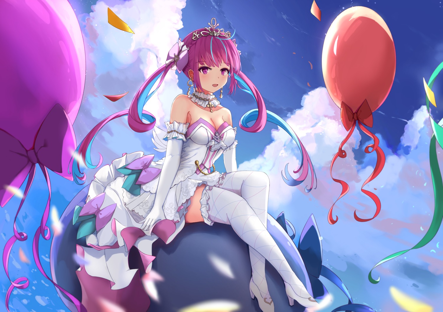 cleavage, heels, hololive, minato_aqua, no_bra, skirt_lift, taikoi7, thighhighs