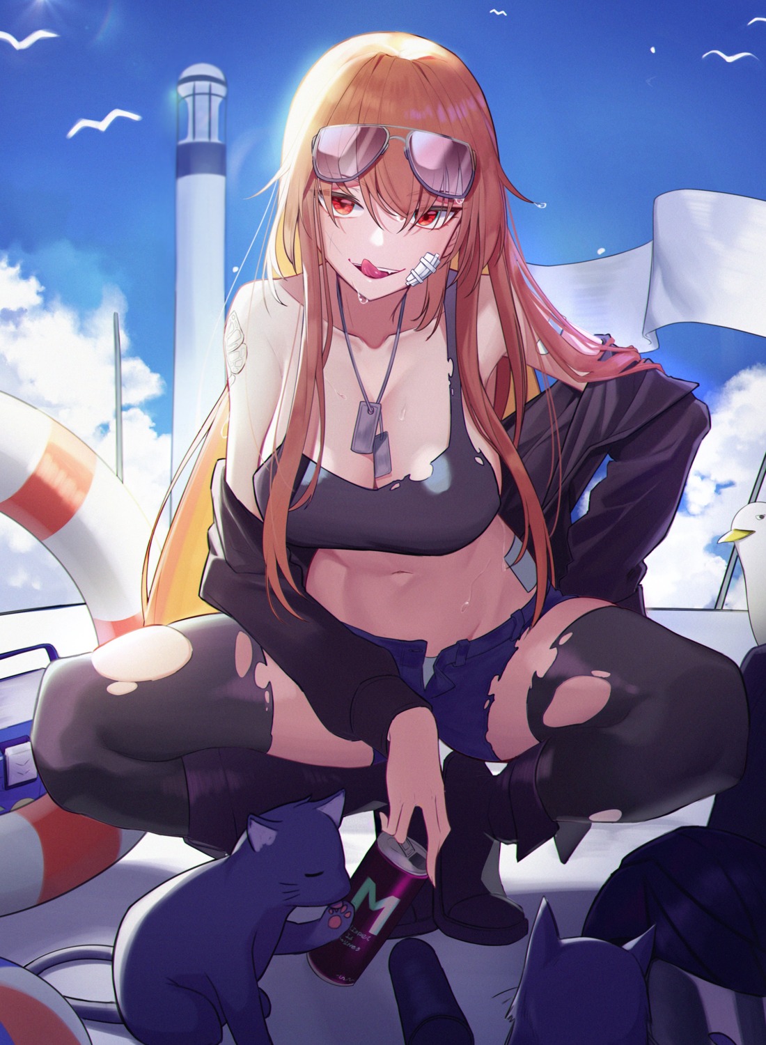 bandaid, megane, neko, no_bra, open_shirt, orn, pantsu, tattoo