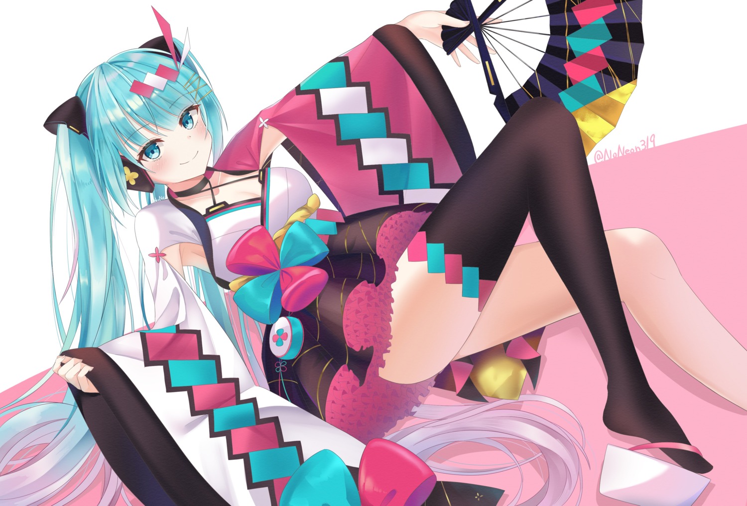 cleavage, hatsune_miku, japanese_clothes, magical_mirai, noneon319, skirt_lift, thighhighs, vocaloid