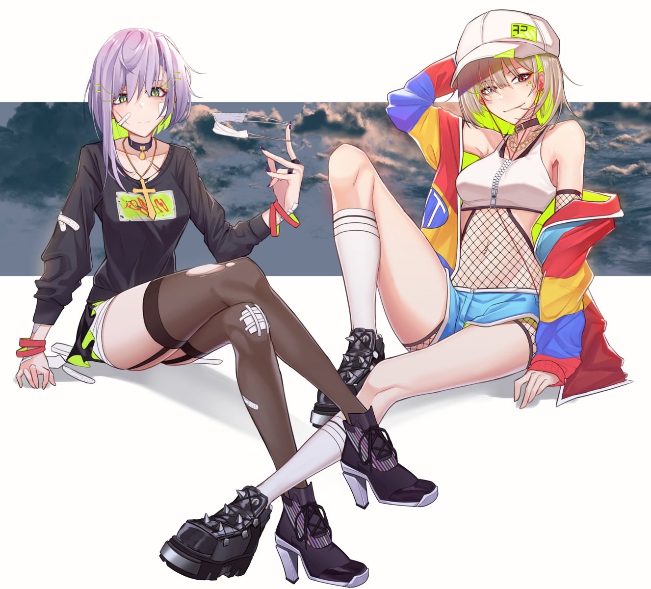 bandaid, fishnets, heels, orn, stockings, thighhighs, torn_clothes