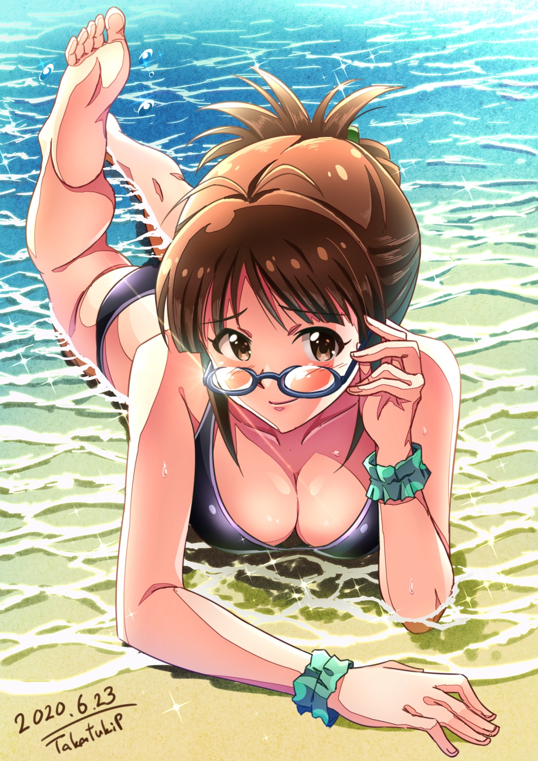 akizuki_ritsuko, bikini, cleavage, feet, megane, swimsuits, takatsuki_p, the_idolm@ster, wet