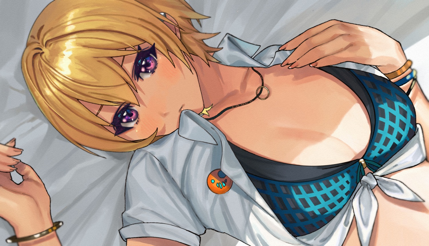 bra, open_shirt, pol_winner, saijou_juri, shirt_lift, the_idolm@ster, the_idolm@ster_shiny_colors