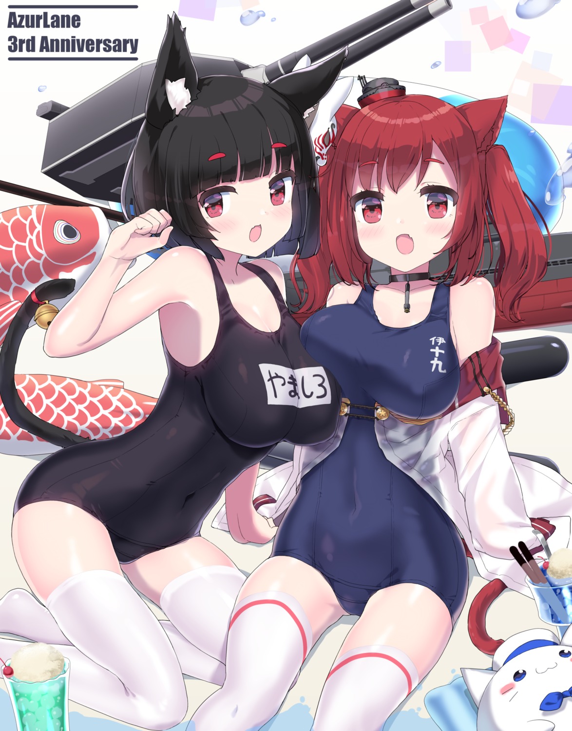 animal_ears, azur_lane, i-19_(azur_lane), ktsecond, nekomimi, school_swimsuit, see_through, swimsuits, tail, thighhighs, yamashiro_(azur_lane)