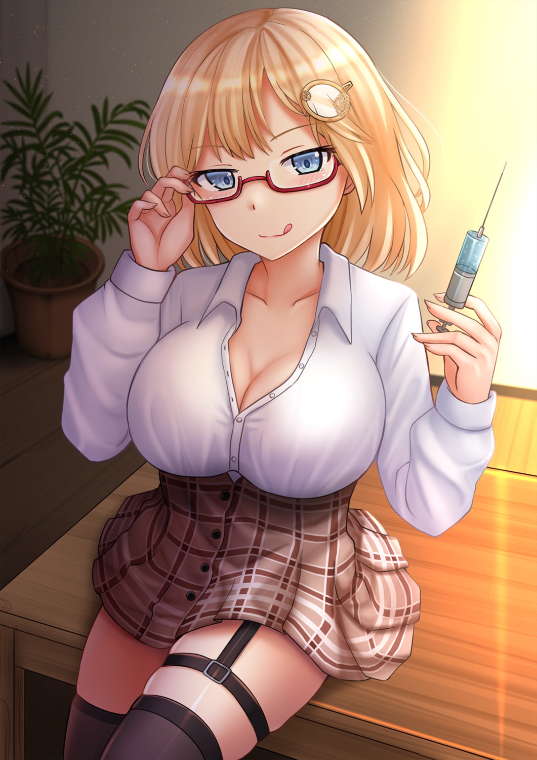 cleavage, garter, hololive, hololive_english, kazenokaze, megane, open_shirt, seifuku, thighhighs, watson_amelia
