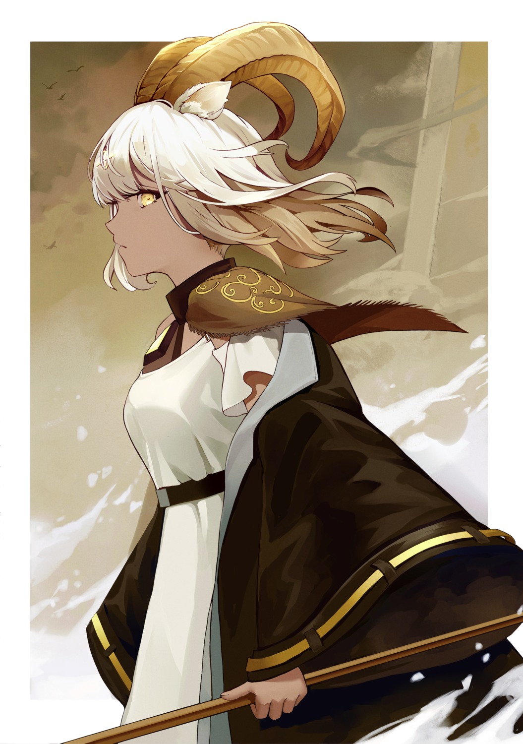 amamizu_shizuku, animal_ears, arknights, beeswax_(arknights), dress, horns, weapon