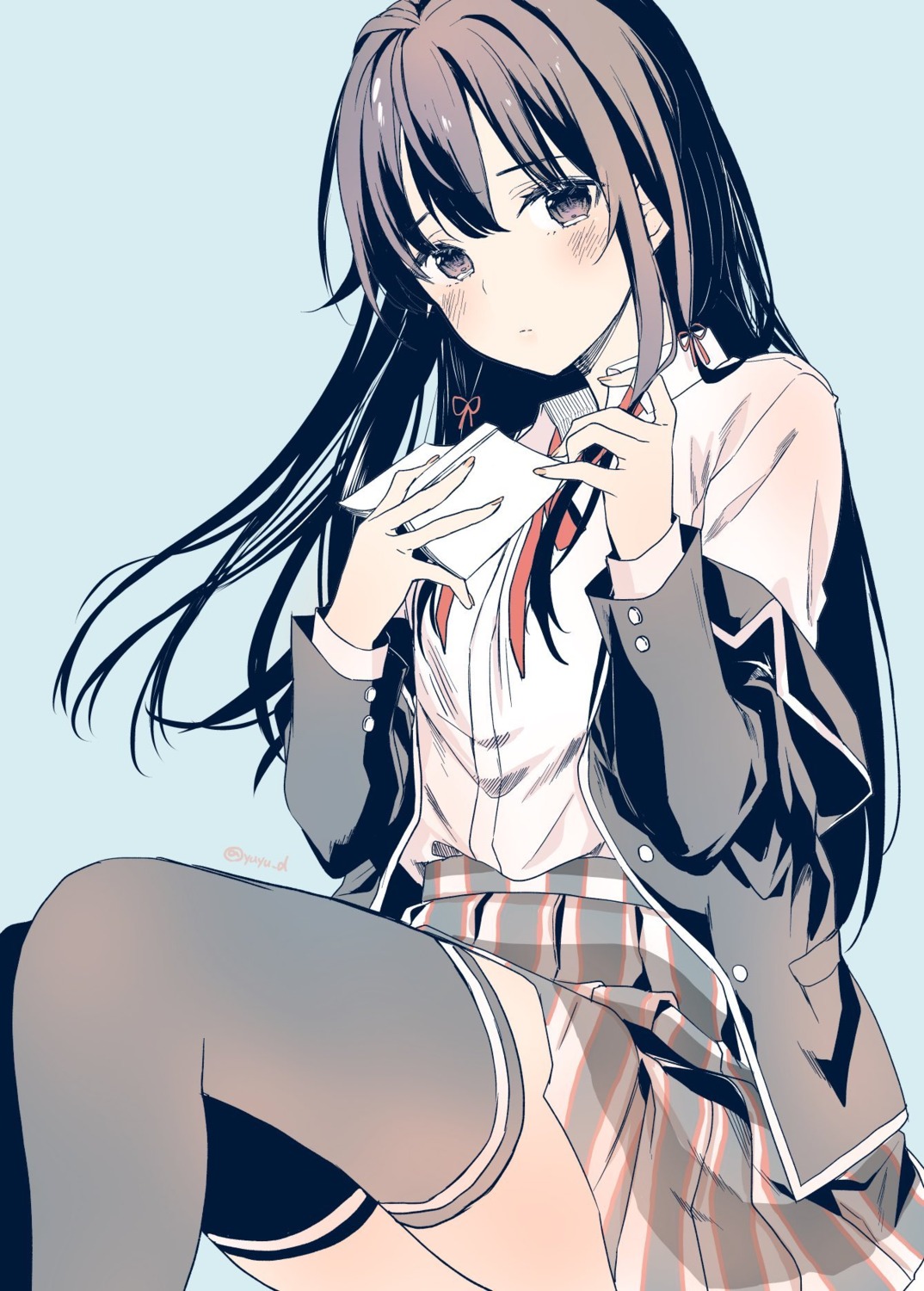 seifuku, skirt_lift, thighhighs, yahari_ore_no_seishun_lovecome_wa_machigatteiru., yu_yu, yukinoshita_yukino