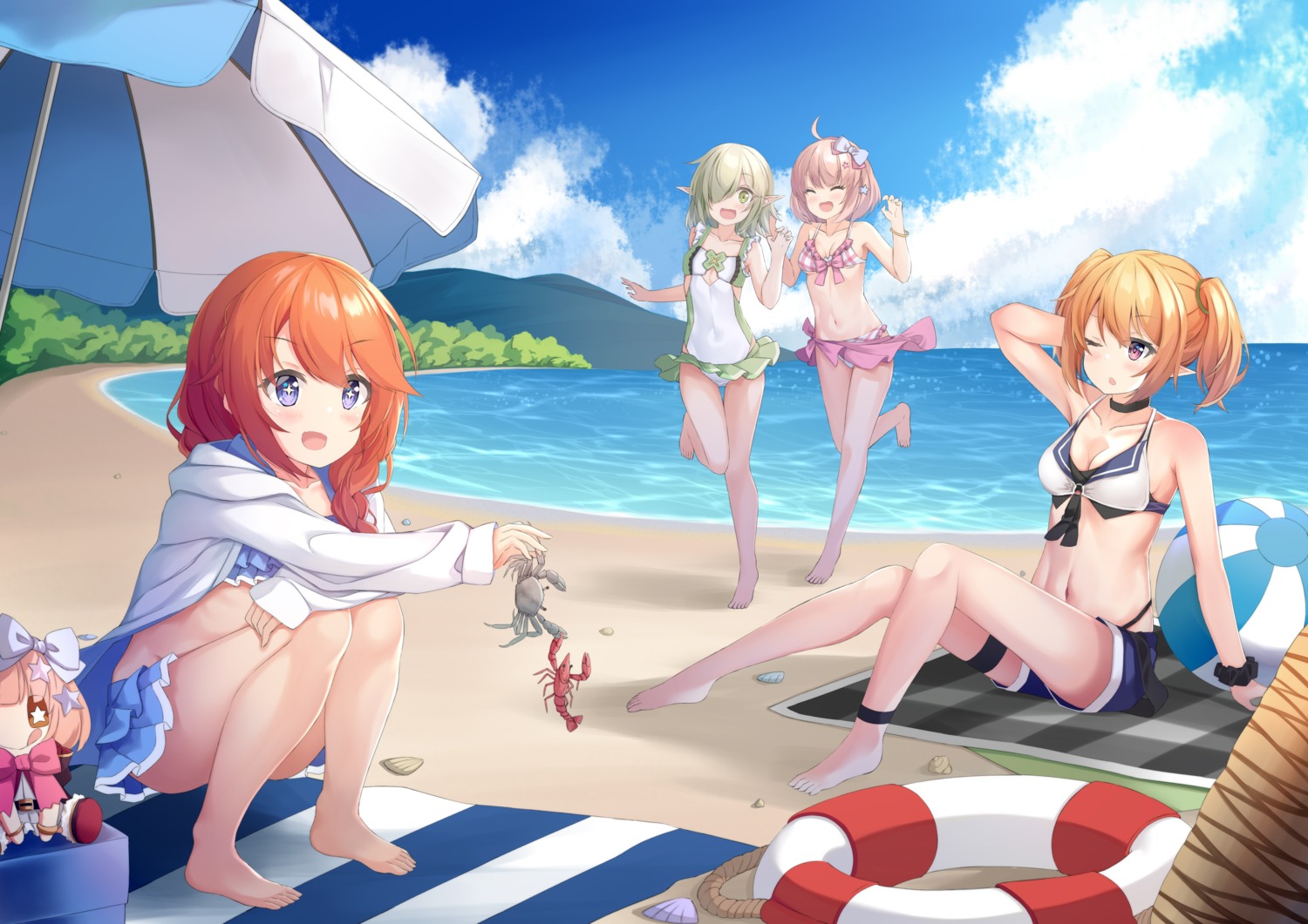 bikini, chibi, cleavage, garter, lr_(last_remote_514), open_shirt, princess_connect!, princess_connect!_re:dive