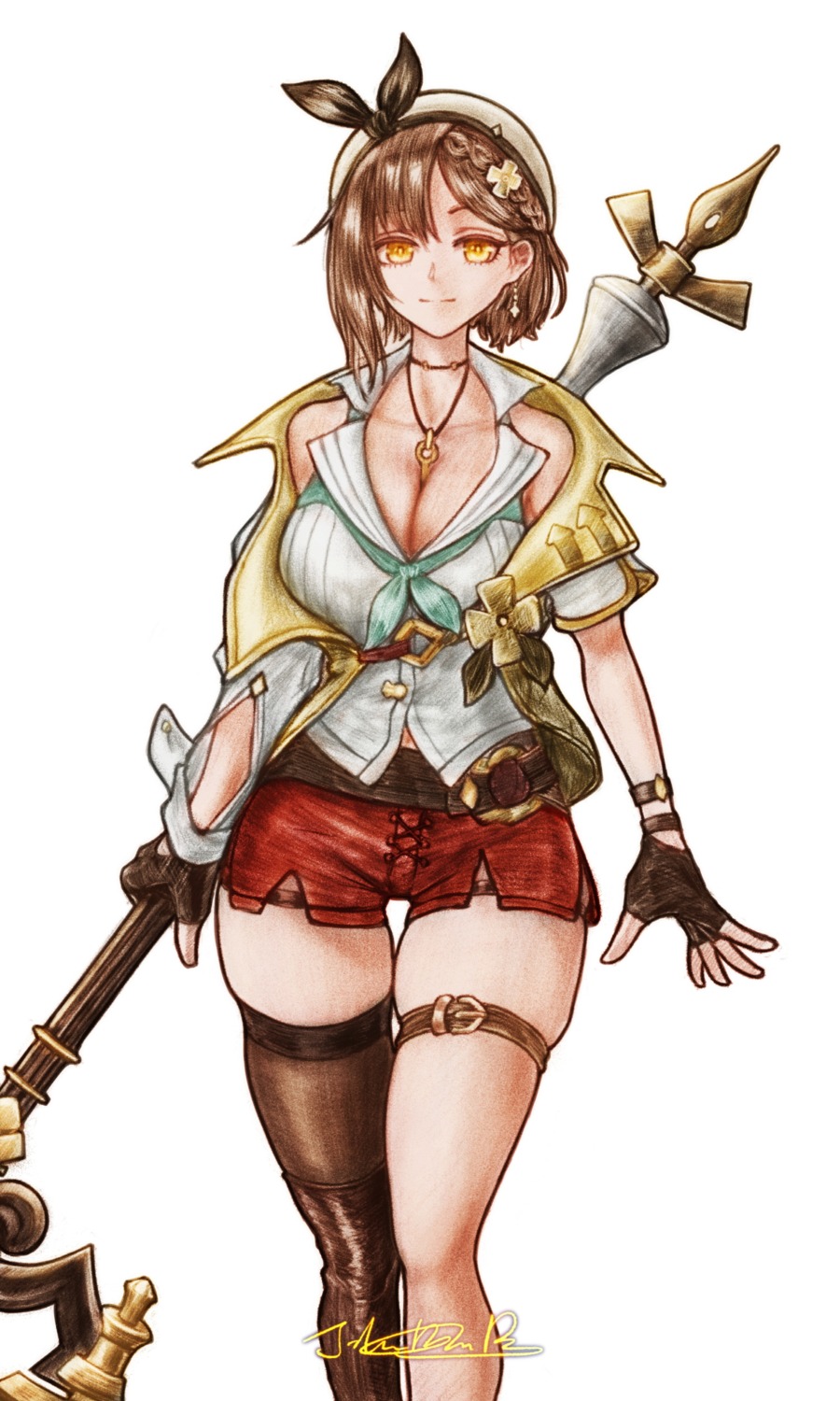 atelier, atelier_ryza, atelier_ryza_2, cleavage, garter, jhands_onpc, open_shirt, reisalin_stout, thighhighs, weapon