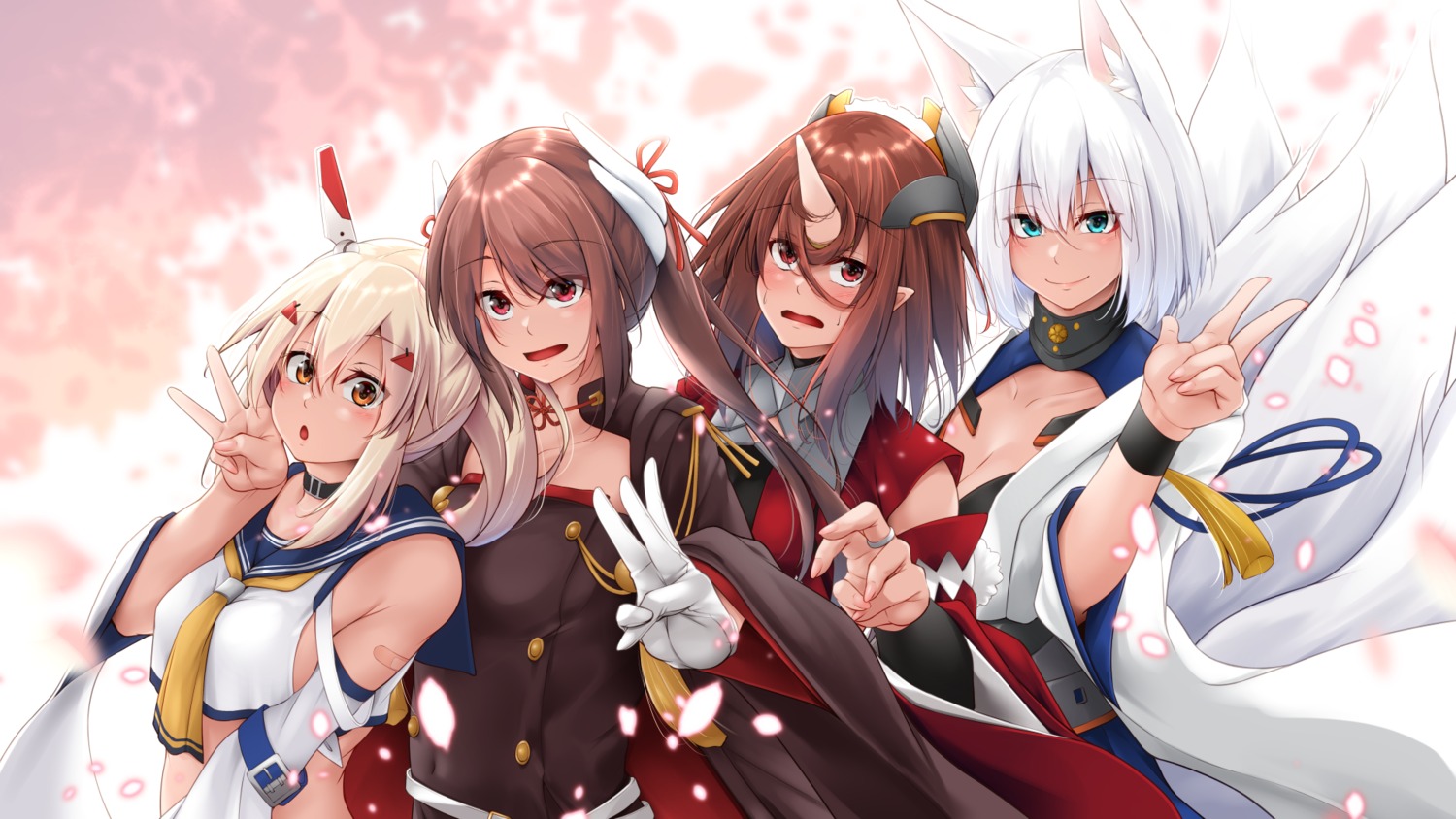 animal_ears, ayanami_(azur_lane), azur_lane, cleavage, horns, japanese_clothes, kaga_(azur_lane), kitsune, oriue_wato, pointy_ears, seifuku, tail, uniform, wallpaper