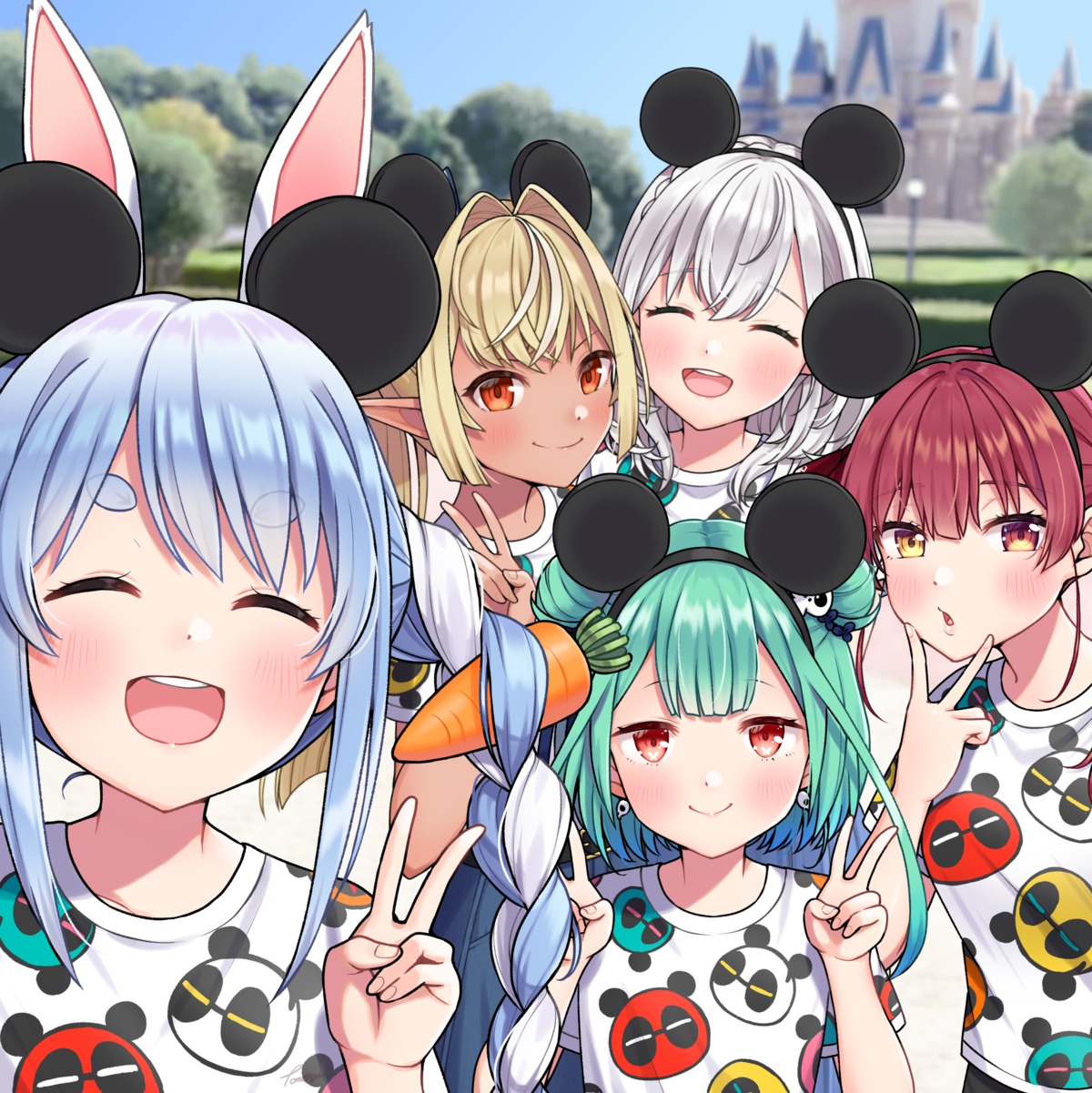 animal_ears, bunny_ears, elf, heterochromia, hololive, houshou_marine, pointy_ears, shiranui_flare, shirogane_noel, tomozu, uruha_rushia, usada_pekora
