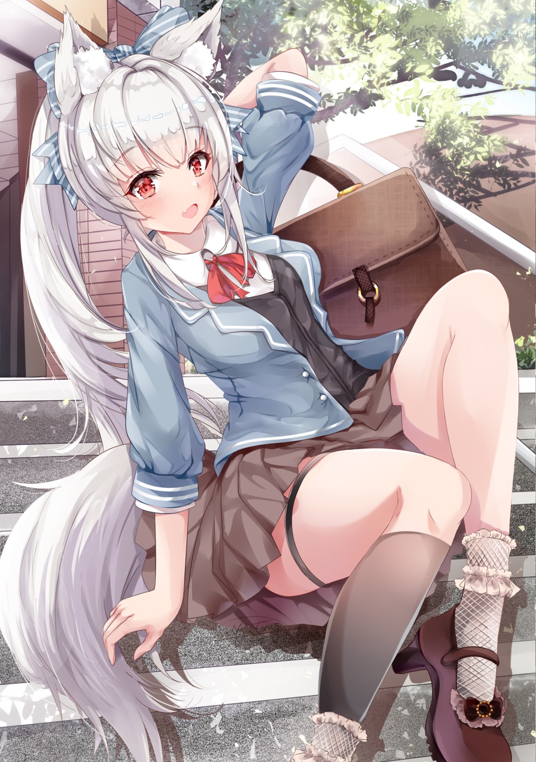 animal_ears, garter, heels, mutang, seifuku, skirt_lift, sweater, tail