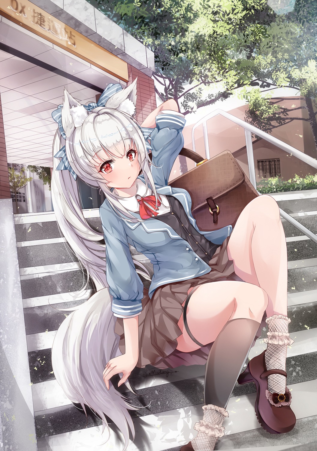 animal_ears, garter, heels, mutang, seifuku, skirt_lift, sweater, tail