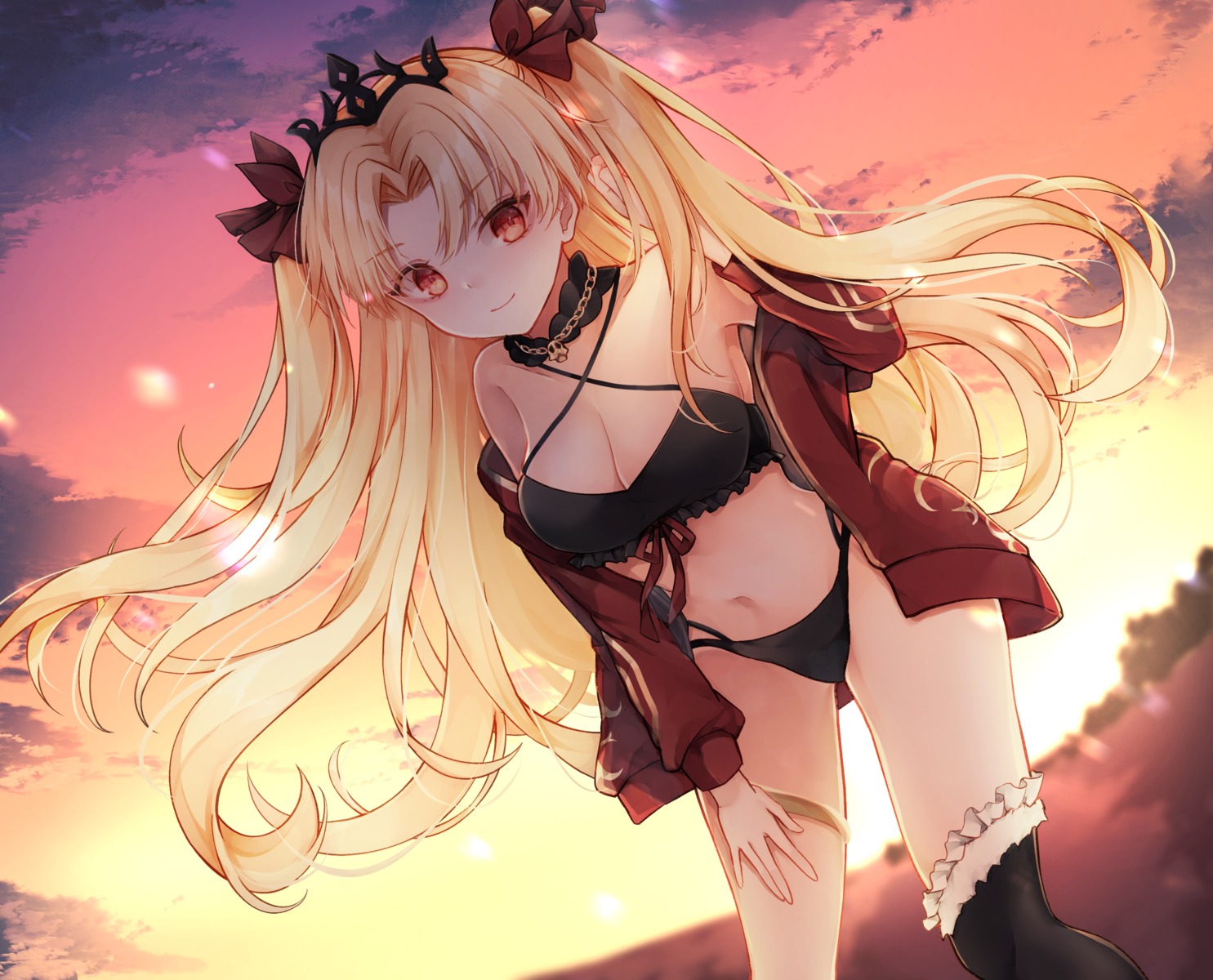 bikini, ereshkigal_(fate), fate/grand_order, open_shirt, swimsuits, thighhighs, yua_(bokubo0806)