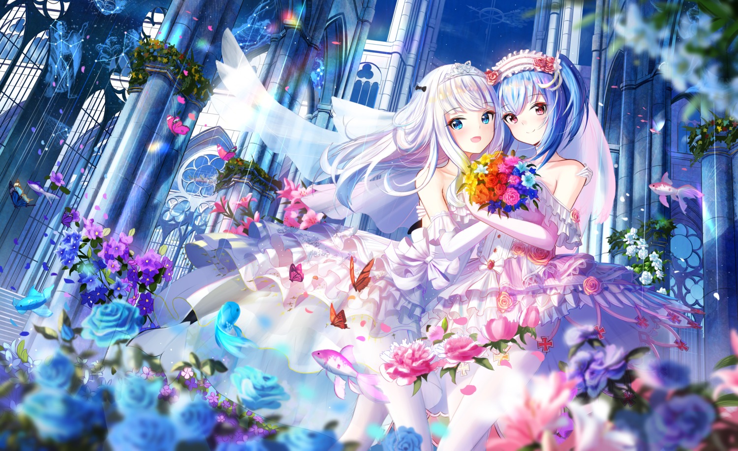 dress, pantyhose, prinz_eugen1938, prinz_eugen_(zhanjianshaonv), skirt_lift, wedding_dress, yuri, zhanjianshaonv