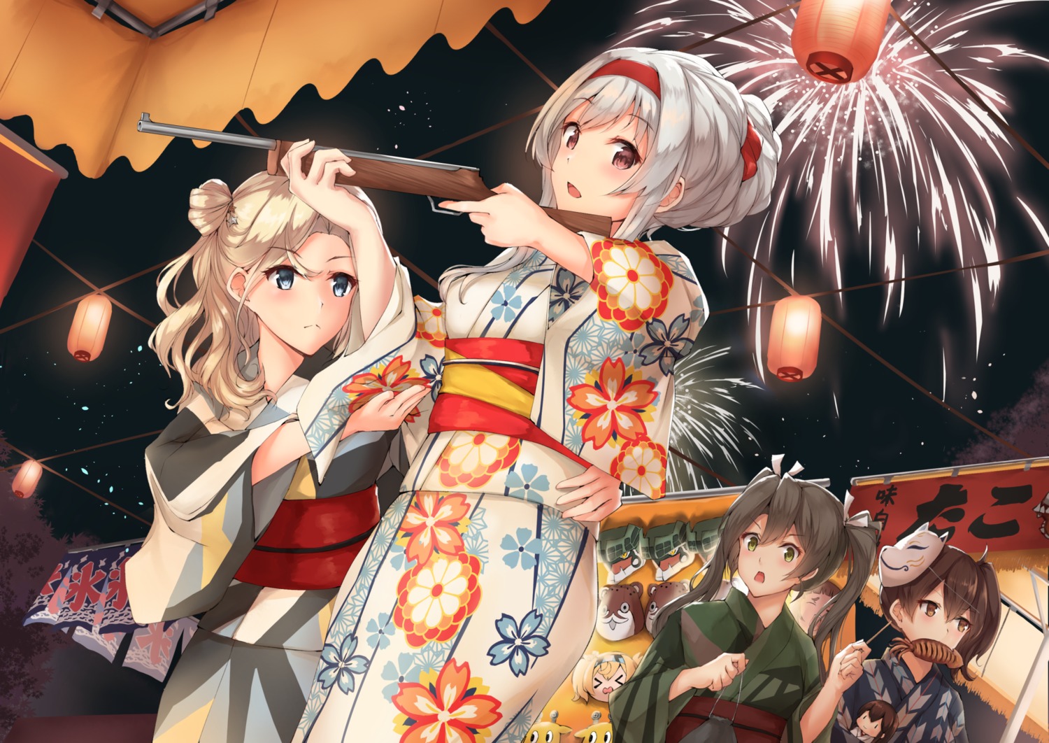 akagi_(kancolle), gun, hornet_(kancolle), k_jie, kaga_(kancolle), kantai_collection, shoukaku_(kancolle), yukata