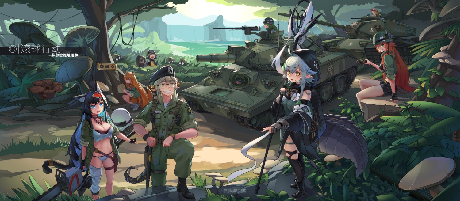 animal_ears, arknights, bikini, blaze_(arknights), ceobe_(arknights), chainsaw, croissant_(arknights), eunectes_(arknights)