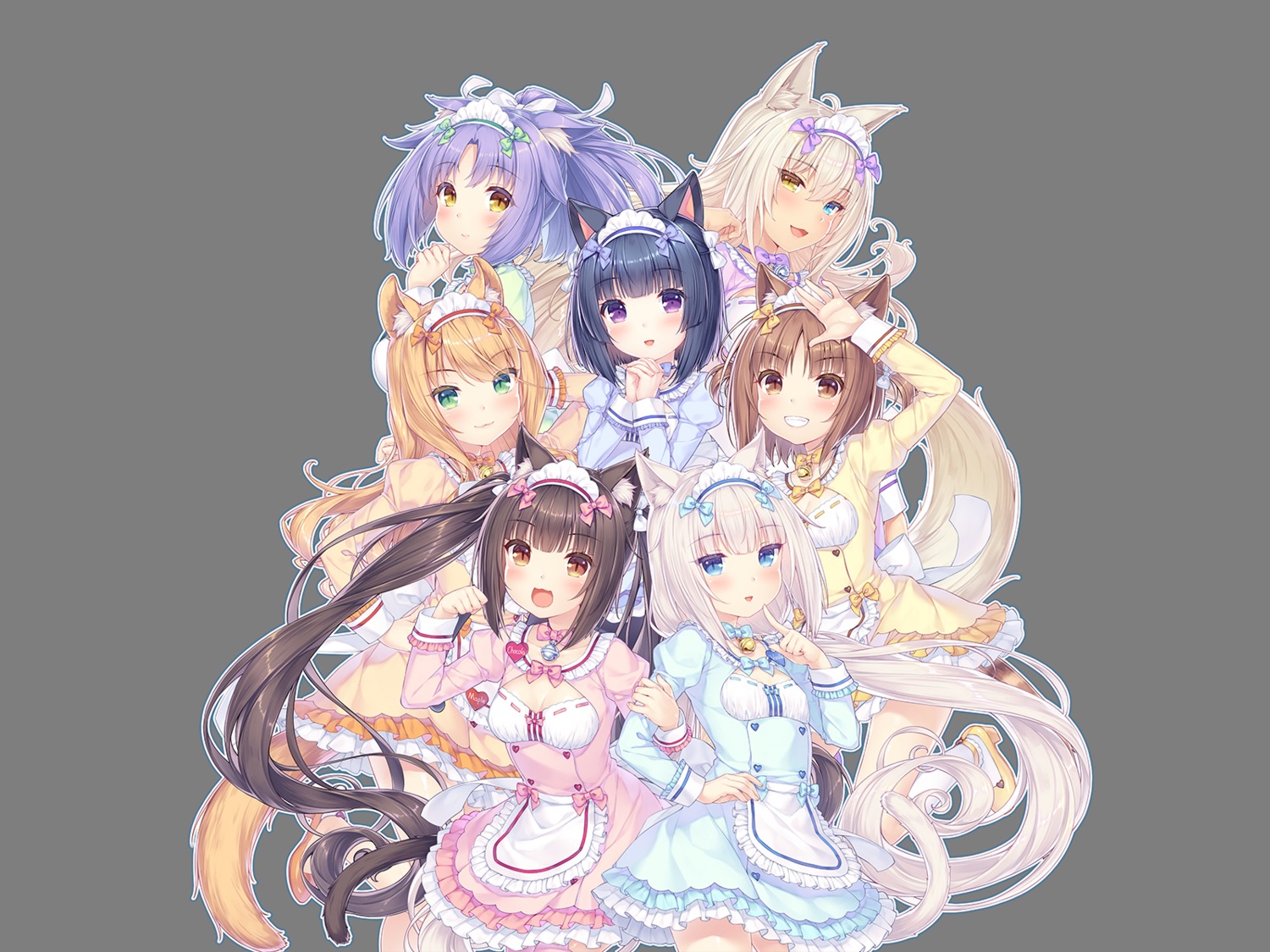 animal_ears, azuki, chocola, cinnamon_(nekopara), cleavage, coconut, heterochromia, maid