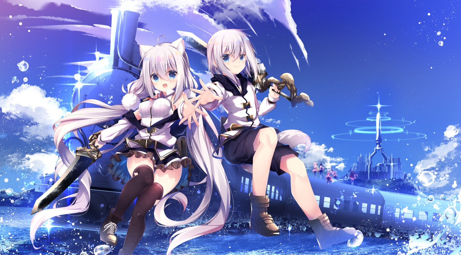 animal_ears, hai_no_futago_ha_shirokuro_tsukezu_ni_sekai_wo_sukuimasu., nanamomo_rio, skirt_lift, sword, tail, thighhighs