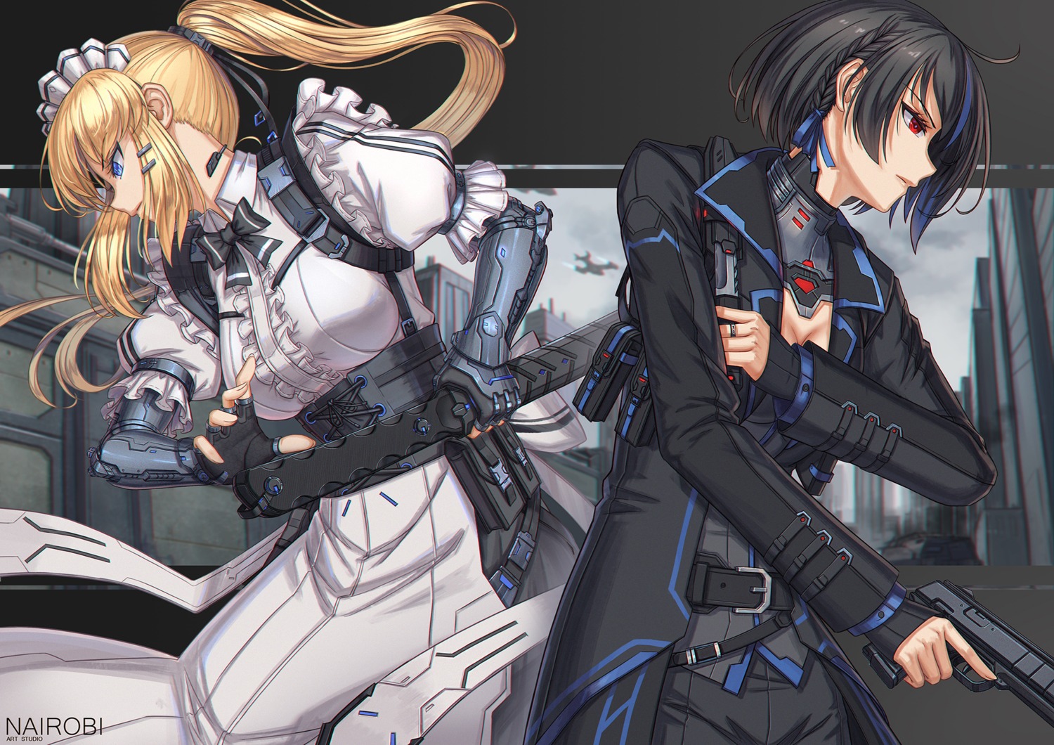 brilliant_naraku, cleavage, gun, maid, mecha_musume, sword